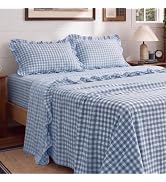 Bedsure Gingham Sheets Queen Size, 4 Piece Ruffle Farmhouse Plaid Bedsheet | Imitation Cotton Tex...