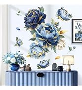 decalmile Large Blue Flower Wall Stickers Gold Leaves Penoy Floral Wall Decals Bedroom Living Roo...