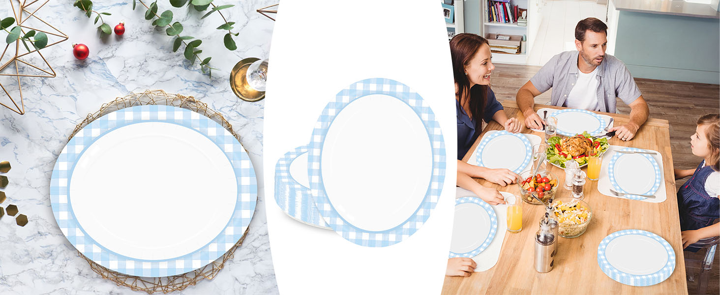blue and white checkered oval paper plates disposable dinner plates wedding birthday party plates