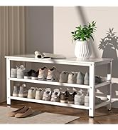 Apicizon White Shoe Rack, 35.5” Shoe Storage Entryway Bench with Long Seat and Metal Shelves, 3 T...
