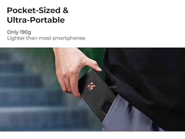 Text reads: 'Pocket-Sized & Ultra-Portable' and 'Only 190g Lighter than most smartphones'. Image shows someone sliding a slim black device with textured surface into what appears to be a pocket.