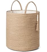 Mkono Tall Wicker Laundry Basket Woven Storage Basket Decorative Natural Rope Basket Wooden Bead ...