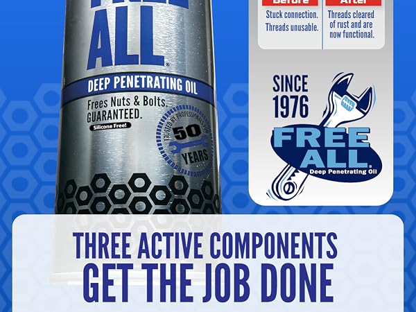 Trusted 50 years, Free All oil frees nuts & bolts, three active components since 1976.