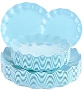 LIYH 24pcs Blue Plastic Plates Reusable - Unbreakable Light Baby Bule Scalloped Plates,Microwave ...