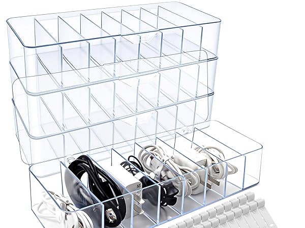 Cheardia 4 Pack Cable Storage Organizer, 10 In Plastic Cord Storage Box with 30 Wire Ties, Clear ...