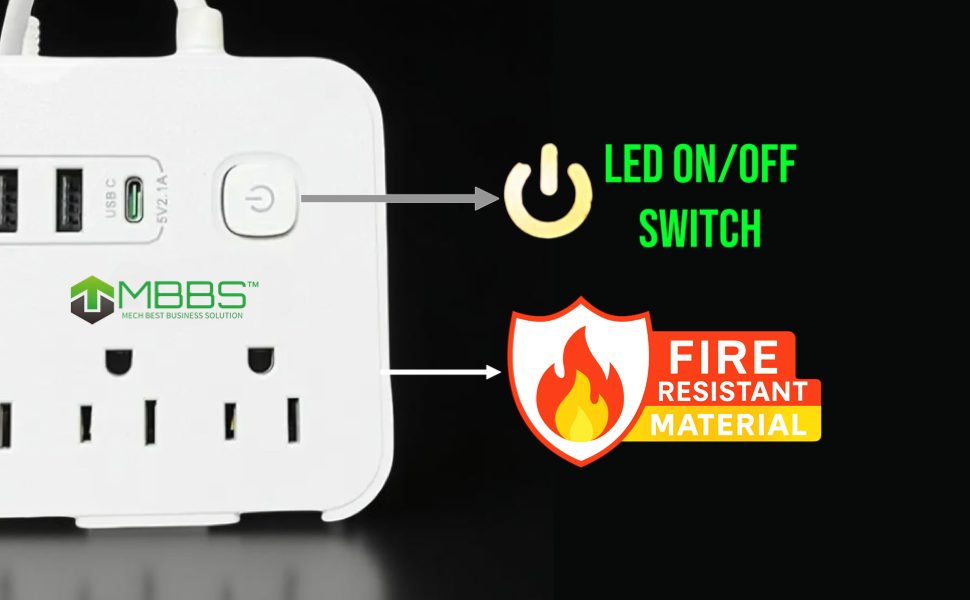 Close-up of MBBS power strip showing an LED On/Off switch and a fire-resistant material icon.