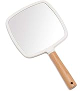 YEAKE Hand Held Mirror with Handle for Makeup,Small Cute Wood Hand Mirror for Shaving with Hole H...