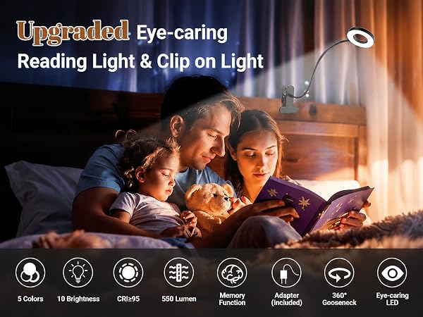 Text reads 'Eye-caring Reading Light &. Warm-toned promotional image showing