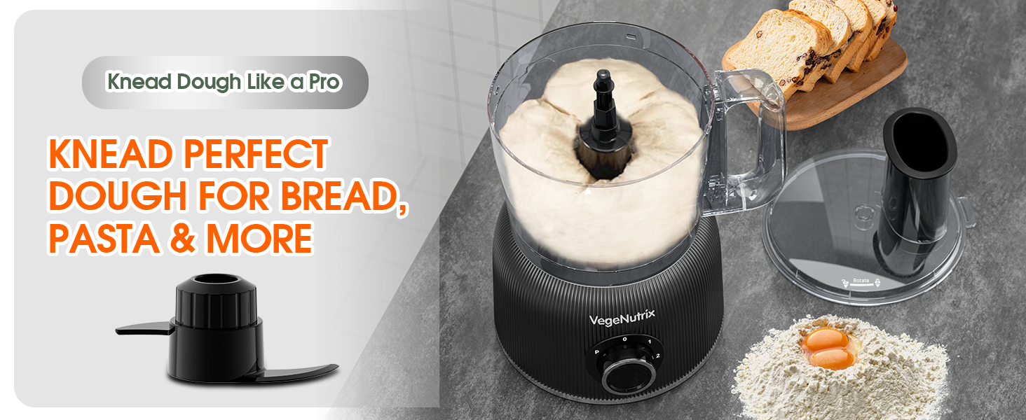 Text reads 'KNEAD PERFECT DOUGH FOR BREAD, PASTA & MORE'. Multiple images showing dough being kneaded and prepared on a counter surface.