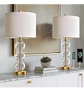 Oneach 25" Glass Table Lamps Set of 2, Gold Modern Table Lamps with USB Ports for Living Room, Li...