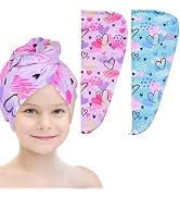 Basumee Microfiber Hair Towel Wrap for Kids 2 Pack Rapid Drying Hair Towel with Button Hair Turba...
