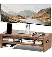 BONTEC Wood Monitor Stand Riser, 2-Tier Desktop Organizer with Storage, Ergonomic Computer Stand ...