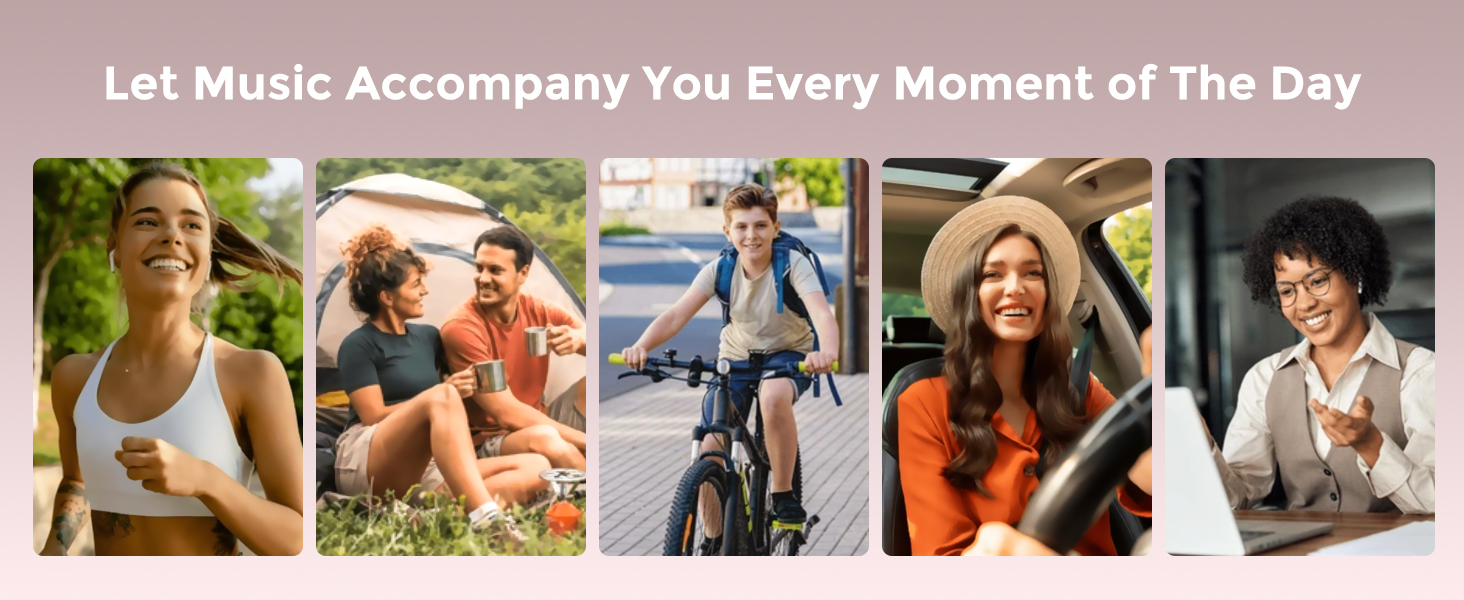 Text reads 'Let Music Accompany You Every Moment of The Day'. Collage of lifestyle photos showing people using audio devices in various settings.