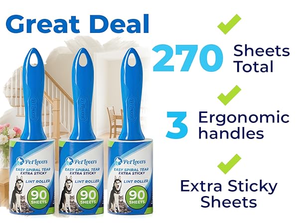 PetLovers lint roller 3 pack with 270 extra sticky sheets for pet hair removal.