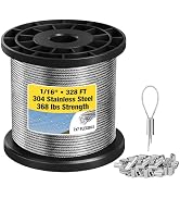 1/16 Wire Rope – 328FT 304 Stainless Steel Cable, 7x7 Flexible 368lbs Breaking Strength with 150 ...