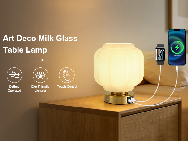 Rechargeable Table Lamp Cordless Milk Glass Bedside Lamp Small white and gold