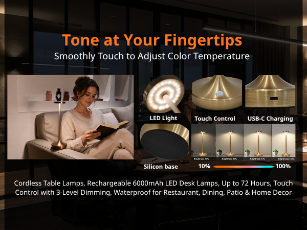 Cordless Table Lamps, Rechargeable 6000mAh LED Desk Lamps, Up to 72 Hours