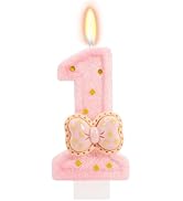 FAMGift Pink Bow Birthday Candles - Cute Glitter Number 1 Candle for Sweet Theme Cake Topper, 1st...