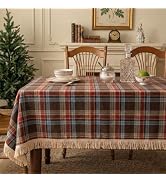 Q&J FABRIC CO. Plaid Tassel 60x84 Inch Rectangle Tablecloth Poly Cotton Brown Boho Gingham Table ...