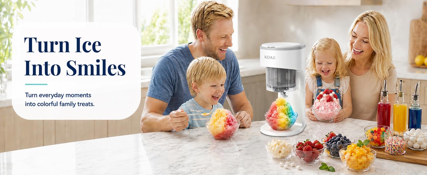 Family enjoying colorful snow cones made with KOAii shaved ice machine