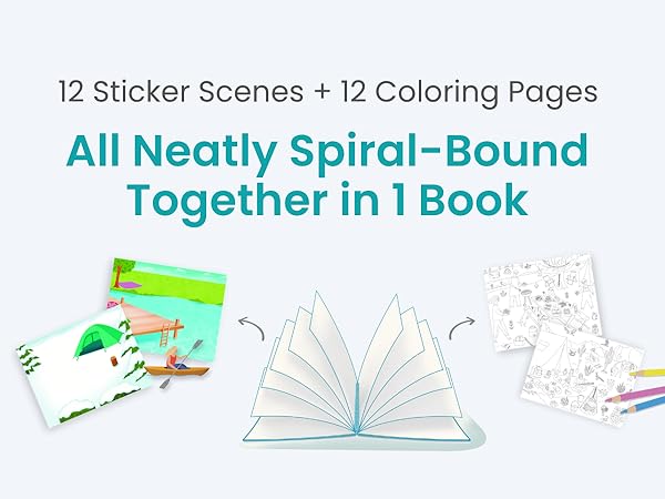 12 sticker scenes and 12 coloring pages all neatly spiral-bound together in 1 book