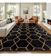 ONASAR 6x9 Area Rugs for Living Room Bedroom, Large Fluffy Black and Gold Throw Rug, Geometric So...