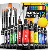 Complete Acrylic Paint Set – 12? Rich Pigment Colors & 6x Art Brushes - Includes 3 Paint Canvases...