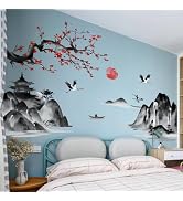 Chinese Ink Landscape Wall Stickers Removable Mountain Scene Decals Tree Branch Plum Blossoms & B...