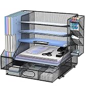 SUPEASY Desk Organizer with File Holder, 5-Tier Mesh Paper Letter Tray and 3 Tilted File Sorter f...