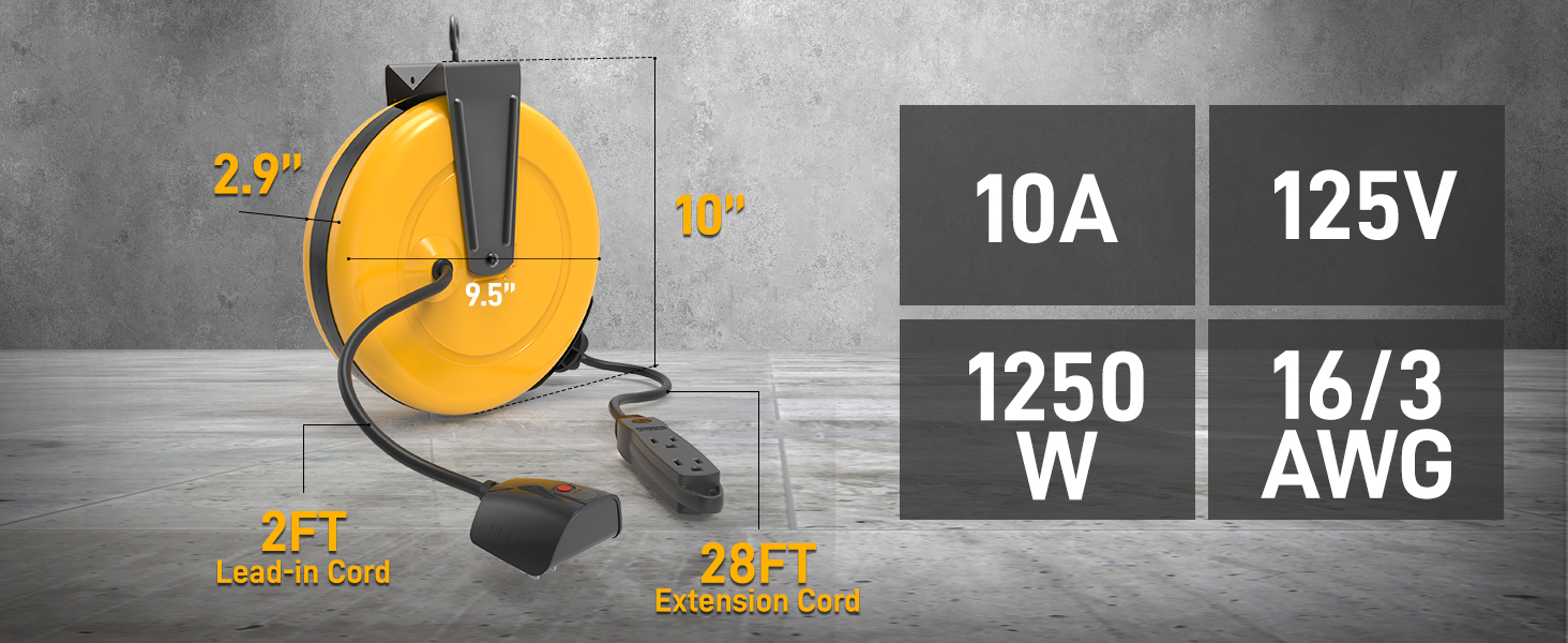 10A, 1250W, 125V, 16/3 AWG 30FT Retractable Extension Cord Reel