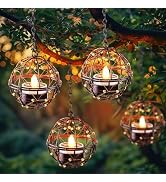 Homemory Solar Tea Lights Outdoor Waterproof Hanging Lanterns, Beaded Copper Wire Ball Holders wi...