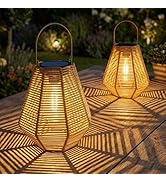 Solar Lanterns, 2 Pack Rattan Hanging Lights Solar Lanterns Outdoor Waterproof Outside Solar Lamp...