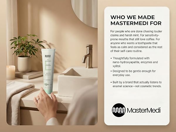 Lifestyle bathroom with MasterMedi toothpaste and card explaining who it’s made for