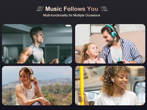 Marketing collage showing four scenes of people wearing headphones in different settings, with text 'Music Follows You' at top.
