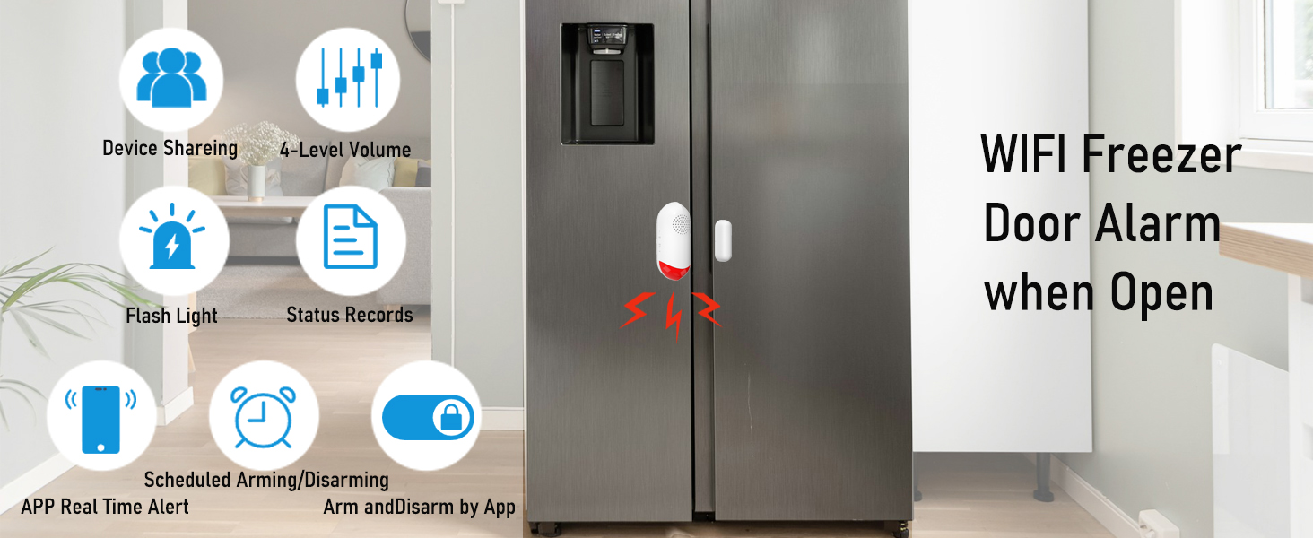 Smart WiFi Freezer Refrigerator Door Alarm with Free Real-Time APP Alerts