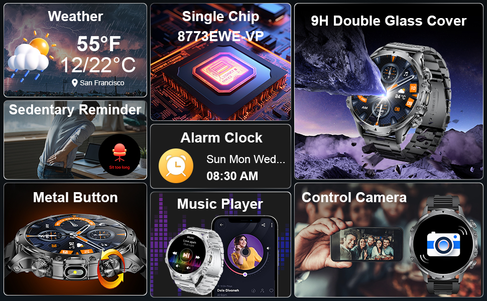 Text includes 'Weather', 'Single Chip', 'Music Player', 'Alarm Clock'. Interface screens showing various smart device functions with digital displays and controls.