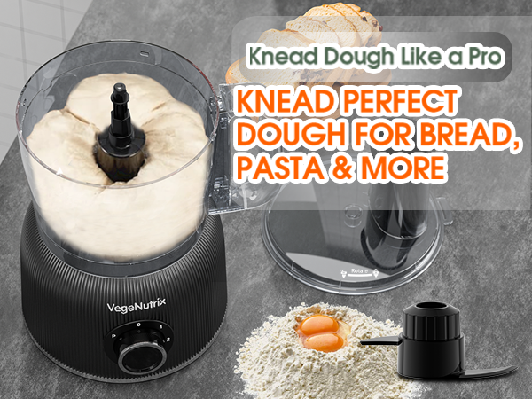 Text reads 'Knead Dough Like a Pro', 'KNEAD PERFECT DOUGH FOR BREAD', 'PASTA & MORE'. Series showing dough kneading process using stand mixer with dough hook attachment.
