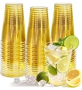 Glowserve 50 Pack Plastic Cups Disposable 12 oz Gold Clear Plastic Cup for Cocktail Party Cups, D...