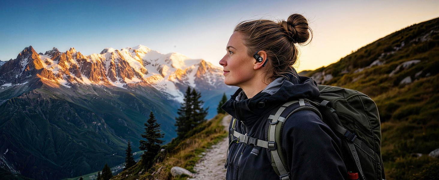 Panoramic mountain hiking scene with person viewing sunset or sunrise over mountain peaks. Dramatic lighting on rocky mountain landscape.