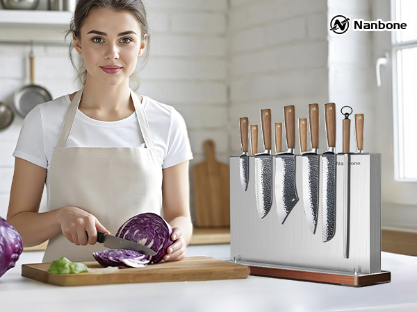 knife magnetic holder block kitchen knives storage rack set organizer wooden wood chef magnet stand