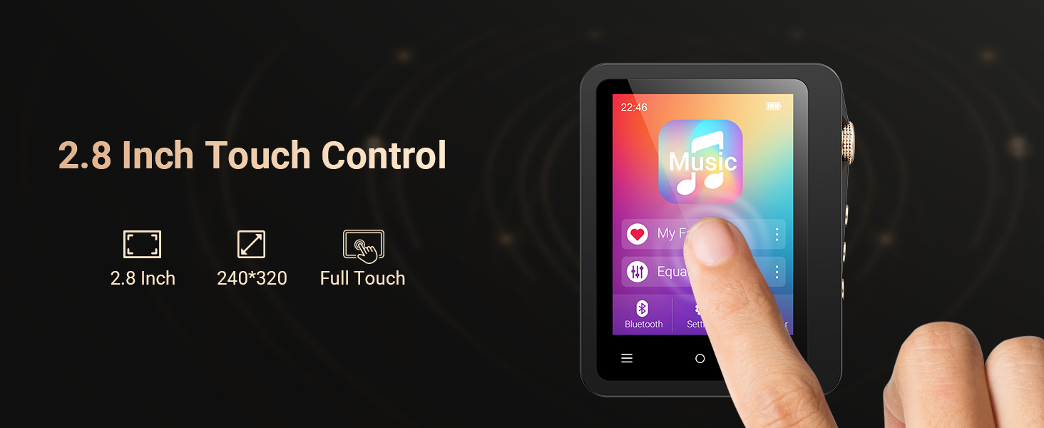 Text reads '2.8 Inch Touch Control'. Close-up of hand operating small touchscreen device with colorful interface display.