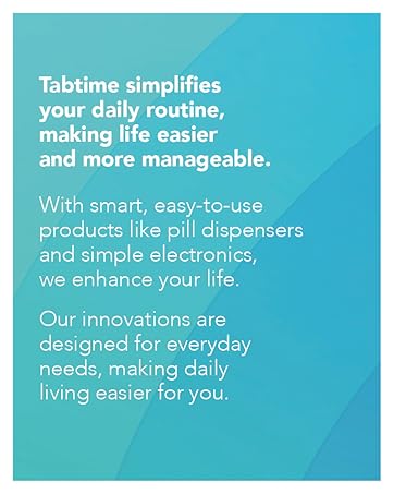 Teal text block describing Tabtime's products for simplifying daily routines, mentioning pill dispensers and simple electronics to enhance life.