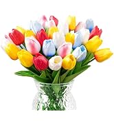 U'Artlines 30Pcs Fake Tulips Artificial Flowers with Stems Faux Tulips Bouquet Real Touch Flower ...