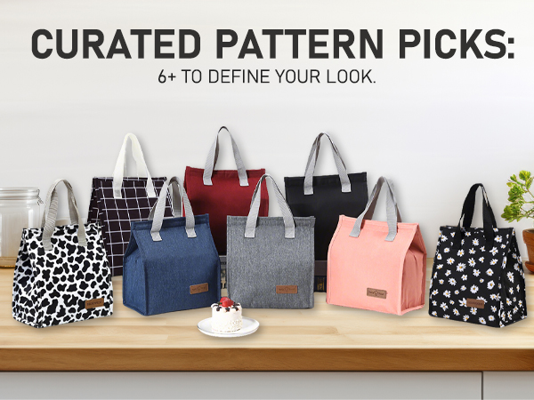 Text reads 'CURATED PATTERN PICKS: 6+ TO DEFINE YOUR LOOK'. Display of handbags in various patterns including plaid, solid colors, and animal prints arranged on wooden shelf.
