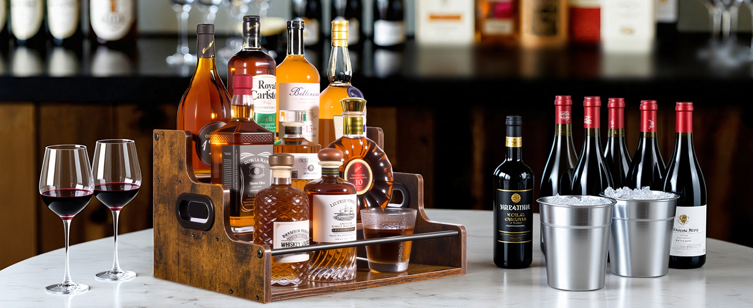 Large bottle display stand for liquor bar, tiered wood shelf for whiskey & wine collection.