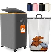 Laundry Hamper with Wheels, 75L Large Clothes Hamper with Removable Inner Bag, Collapsible Dirty ...