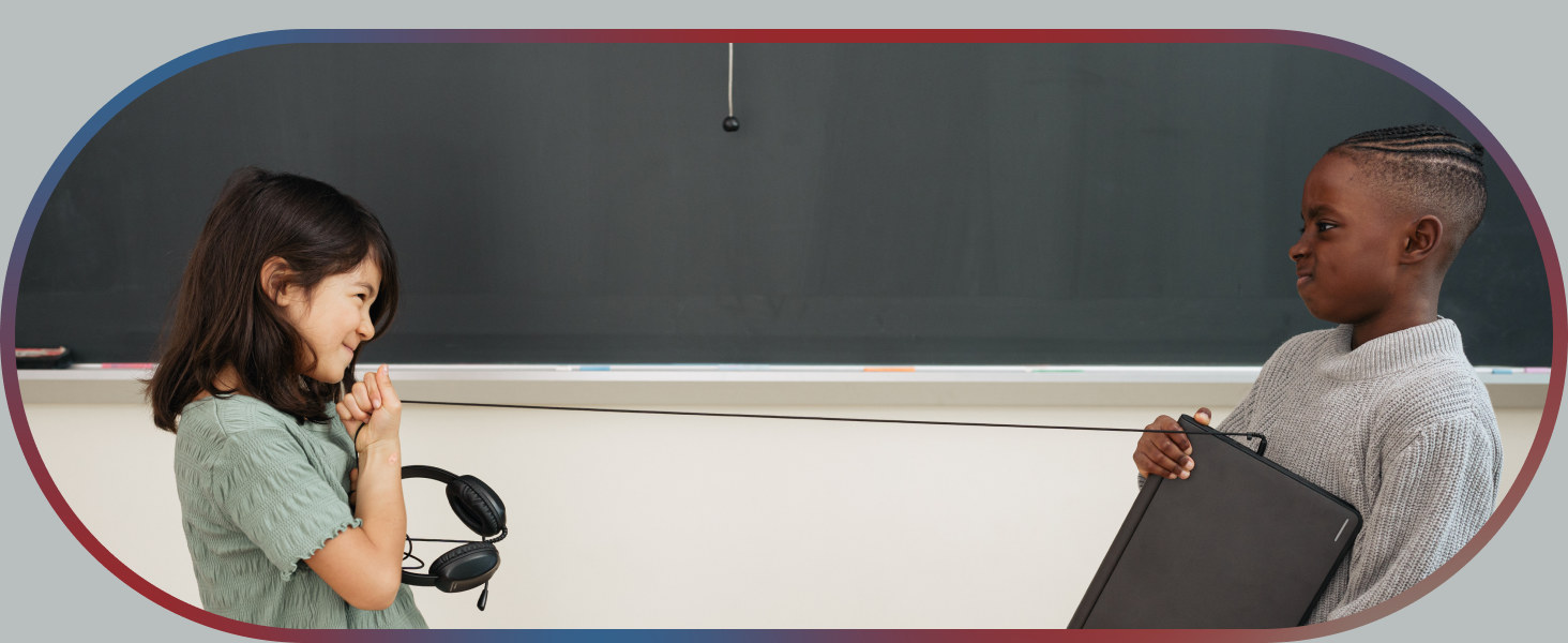 Two children testing the reinforced connection durability of Cyber Acoustics headsets