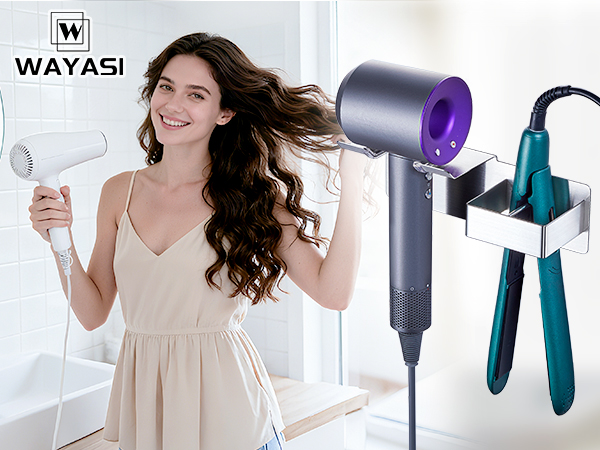 Close-up product shots showing a hairdryer from multiple angles, featuring teal and purple color accents.