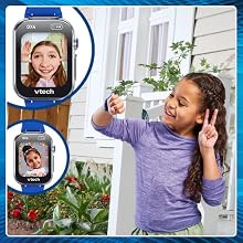 Kid takes a fun selfie. Close ups of DX4 screen show effects kids can apply to their photos.