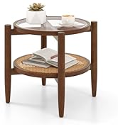 Giantex Rattan Round End Table, Walnut Boho Nightstand with Tempered Glass Top and Acacia Wood Le...